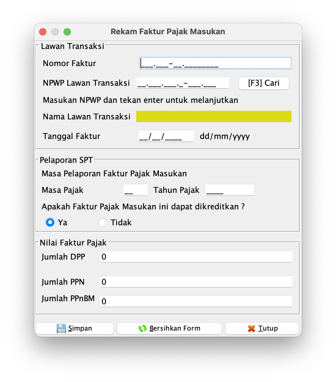 cara rekam faktur masukan