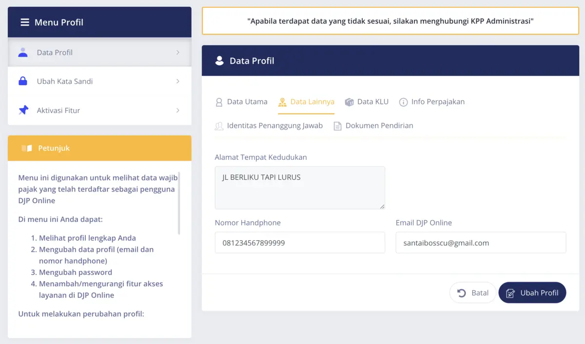 cara mengganti email di djp online
