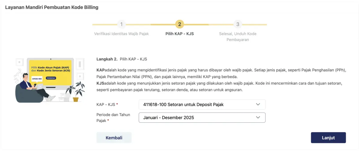cara buat billing deposit coretax